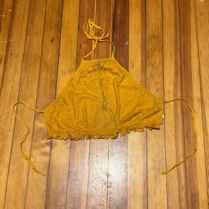La Hearts Mustard Crochet Halter Crop Top